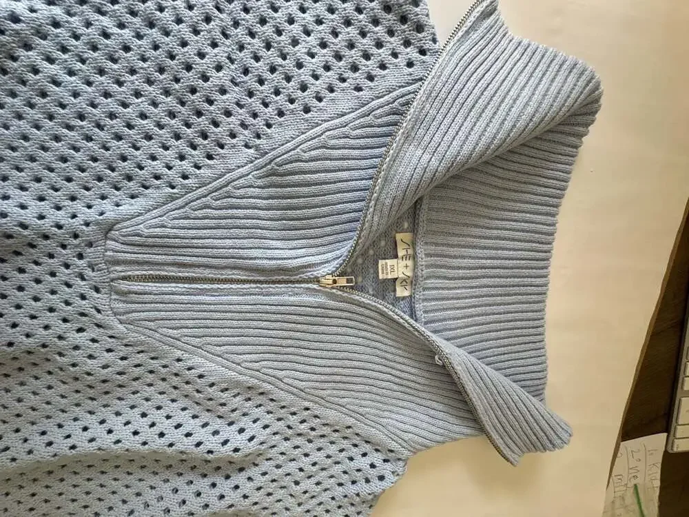 SHE+SKY Light Blue Pointelle Knit Half-Zip Short Sleeve Sweater